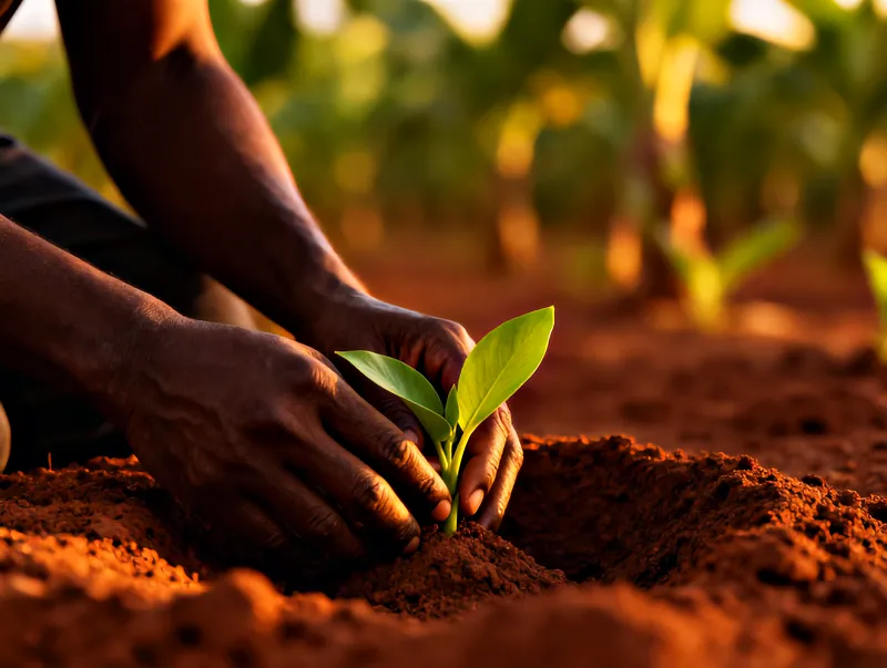 A farmer's hands pressing red earth around a newly planted banana sucker in warm afternoon light