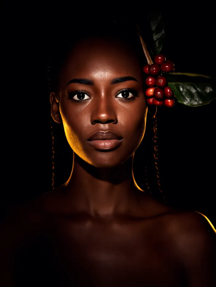 A Kizito Legacy Farm grower holding a sprig of ripe red Robusta coffee cherries beside her face, lit against black