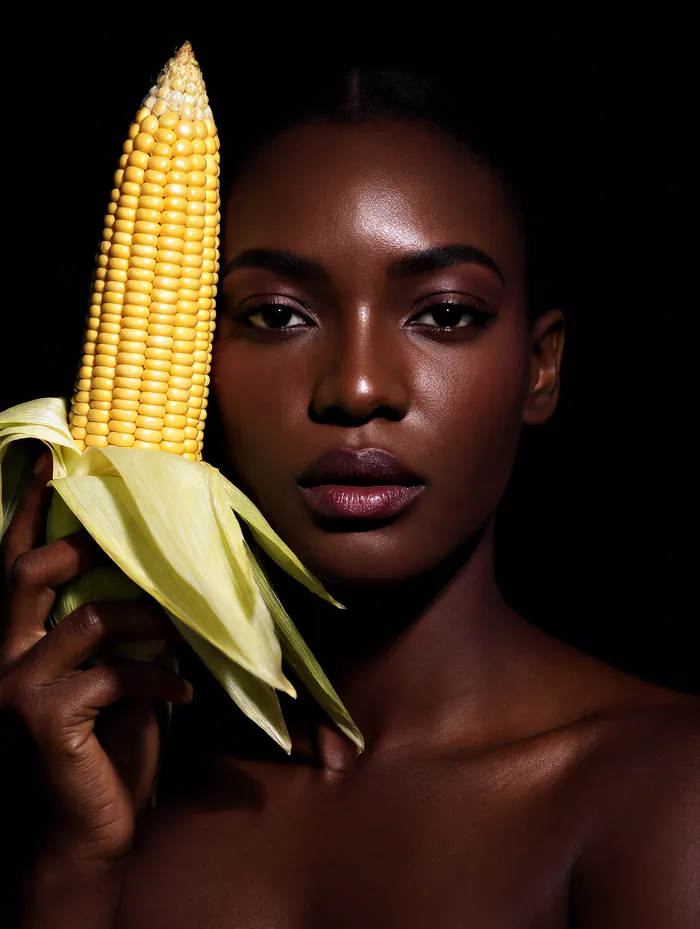 A grower holding a husked ear of sweet maize with golden kernels beside her face, lit against black